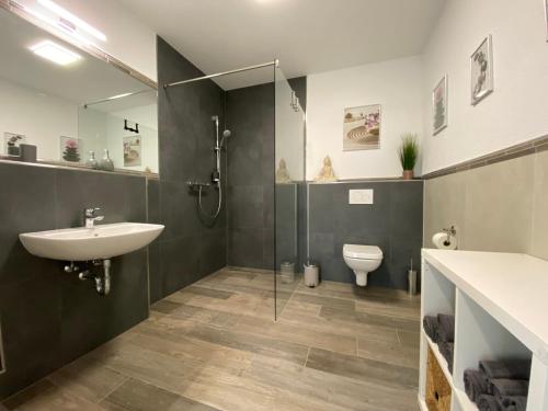 a bathroom with a sink and a shower and a toilet at Haus am Brunnen Wohnung 2 in Klosterkumbd