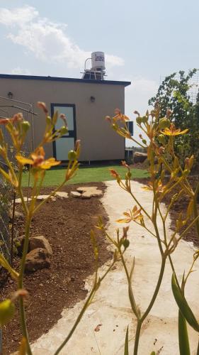 a house with a building in the background with yellow flowers at קשת לכנרת-יחידת הקרקע in Keshet
