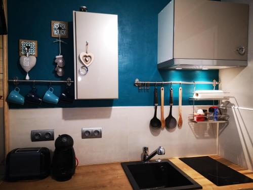 uma cozinha com um lavatório e uma parede azul em Studio chaleureux à LANSLEVILLARD VAL CENIS 2 pers em Lanslevillard