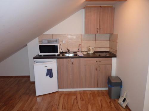a small kitchen with a sink and a microwave at Penzion U Houšků in Stráž nad Nežárkou