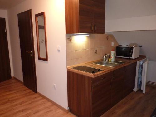 a kitchen with a sink and a microwave at Penzion U Houšků in Stráž nad Nežárkou