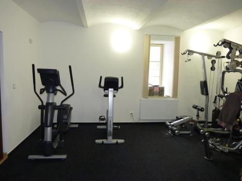 a gym with two treadmills and exercise bikes at Penzion U Houšků in Stráž nad Nežárkou