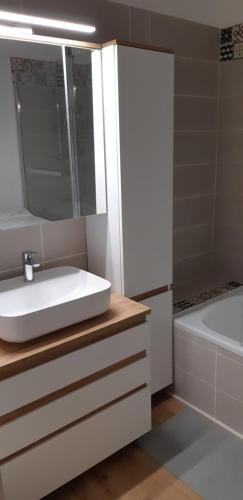 ein Badezimmer mit einem Waschbecken und einer Badewanne in der Unterkunft Superbe appartement piscine centre port - belle vue - parking in Cap d'Agde