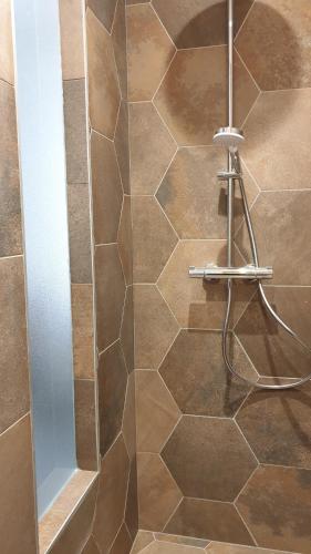 une douche avec une porte vitrée dans une salle de bain dans l'établissement Studio cosy black - Cosy & Cocon, à Mulhouse