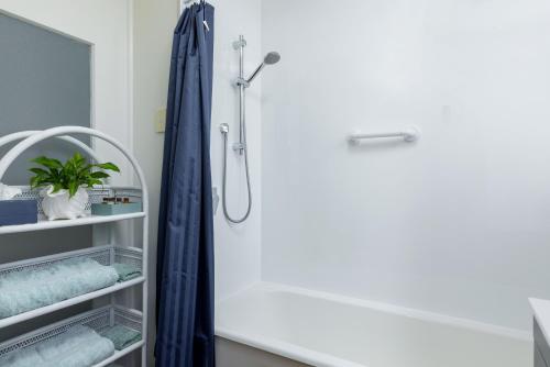 a bathroom with a shower with a blue shower curtain at Seaview Apartment in Picton