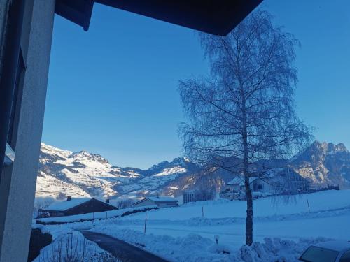 a view of a snow covered mountain from a window at Ferienwohnung nähe Flumserberg Ski Wandergebiet in Filzbach