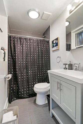 a bathroom with a toilet and a shower curtain at Delightful 1BR Apartment in Ravenswood - Ashland BW in Chicago