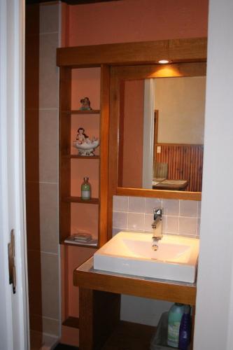 a bathroom with a sink and a mirror at Le Chalet Pré de la Fontaine in Paliseul