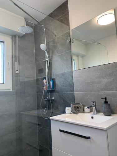 een badkamer met een douche, een wastafel en een spiegel bij Ruhrpott-Liebe in Bottrop
