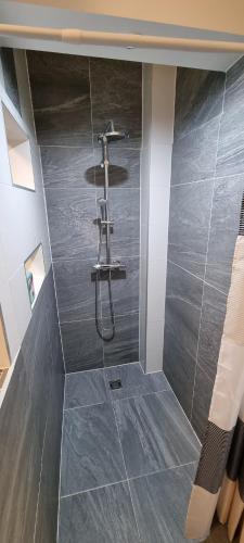 a shower in a bathroom with a tile floor at APARTMENT WILD - im Skigebiet Gerlitzen & Ossiacher See in Bodensdorf