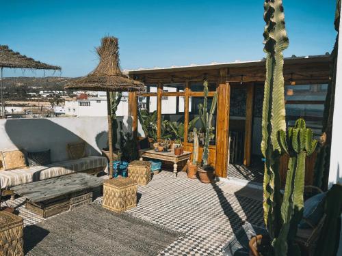 a patio with a couch and a cactus at Blue Waves Surf House in Agadir