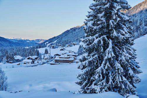 a snow covered christmas tree in front of a village at HUBERTUS Mountain Refugio Allgäu in Balderschwang