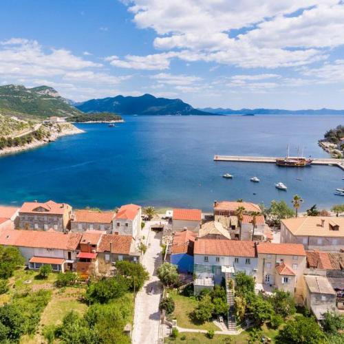 an aerial view of a town next to a body of water at Apartments Bezek in Trstenik