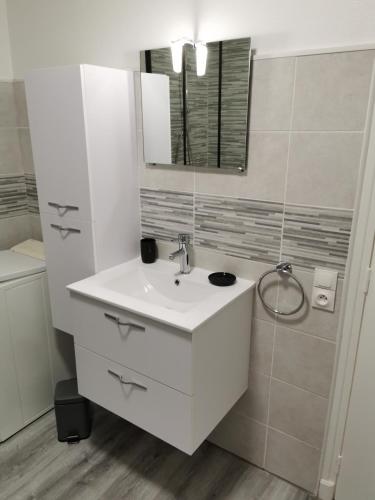 Baño blanco con lavabo y espejo en Appartement cosy entièrement équipé en Villeneuve-sur-Lot