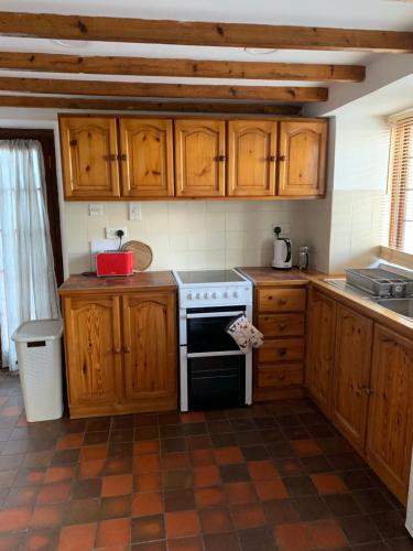 a kitchen with wooden cabinets and a stove top oven at Killeena House in Baltimore