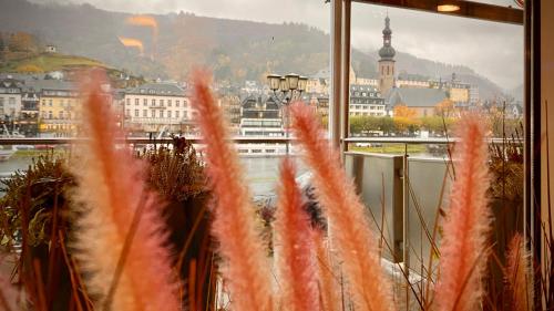 a view of a city from a window with plants at Moselstern Hotel Brixiade &Triton in Cochem