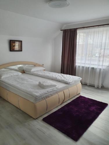 uma cama num quarto com uma grande janela em Casa Erma em Moisei