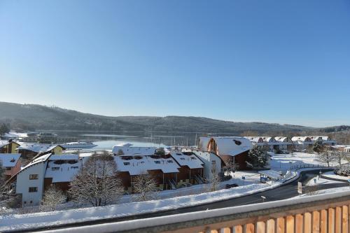 a town with snow covered buildings and a river at Hotel Element in Lipno nad Vltavou
