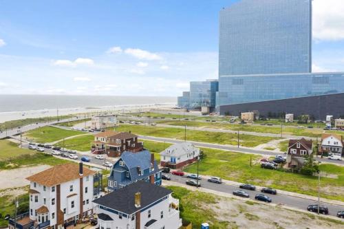 an aerial view of a city with buildings and the ocean at Renovated Beach Block 7BR North Beach Atlantic City - Steps to Beach & Casino in Atlantic City