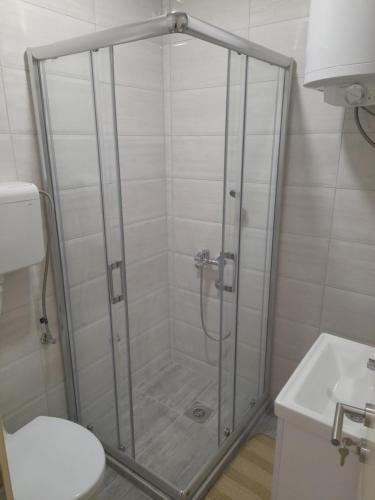 a bathroom with a shower with a toilet and a sink at V & V Studio Apartments in Niš