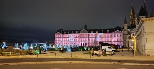 a pink building with christmas trees in front of it at Le Maréchal Duplex - Appartement avec Jacuzzi - CAEN hyper Centre in Caen