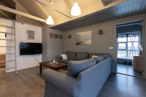 a living room with a blue couch and a tv at Margrétarhof in Hella