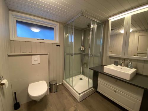 a bathroom with a toilet and a sink and a shower at Margrétarhof in Hella