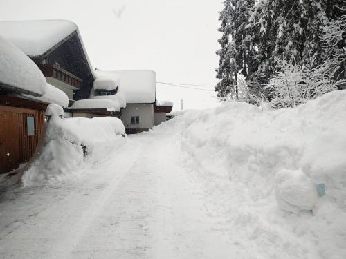 a pile of snow on a street next to a house at Apartmenthaus Kestel Gasthof in Kirchbach
