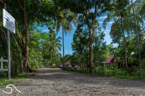 a gravel road with palm trees and a building at Tranquilidad Resort in Parrita