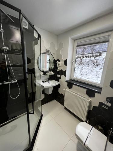 a bathroom with a shower and a sink and a window at Купецький Двір in Mizhhirʼʼya