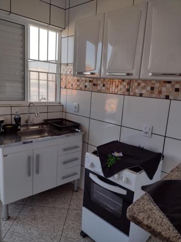 een keuken met een wastafel en een fornuis top oven bij Apartamento Avenida 01 in São Thomé das Letras