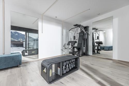 a living room with a gym with mirrors at Perfect Lodgings Panorama Hart in Hart im Zillertal