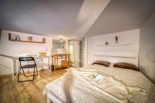 a bedroom with a bed and a desk in it at Charmant petit duplex _ 24m2 in La Tronche