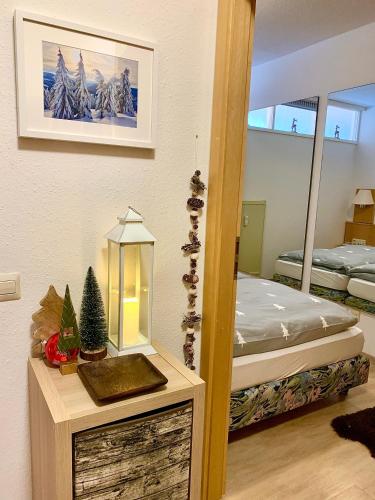 a room with a bedroom with a bed and a mirror at FeWo Fuchs Saig in Lenzkirch