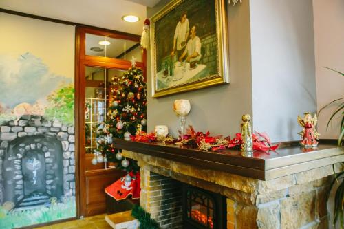 a living room with a fireplace with a christmas tree at Grand Hotel Dentro in Konitsa