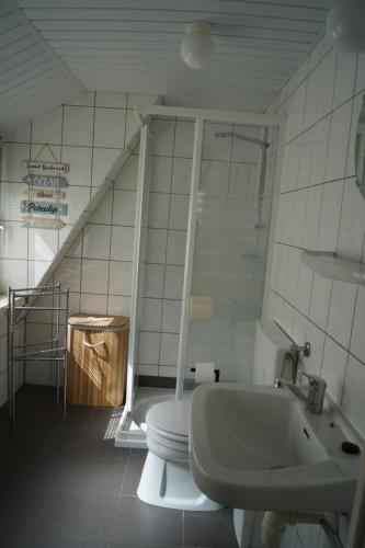 La salle de bains est pourvue de toilettes, d'un lavabo et d'une douche. dans l'établissement ArdennenVakantieBungalow, à Durbuy