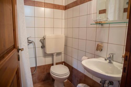 a small bathroom with a toilet and a sink at Ξενώνας Πατρικό in Neraïdochóri