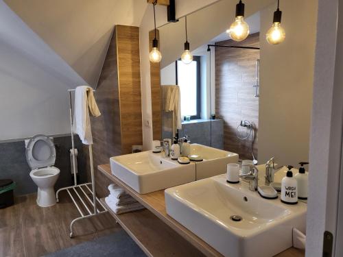 a bathroom with two sinks and a toilet at Eco familia in Pojoga