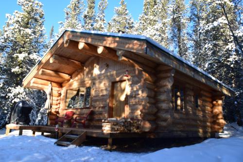 a log cabin in the woods in the snow at Rocky Mountain Escape Log Cabin Rentals - Rock Lake in Rock Lake Lodge Provincial Park
