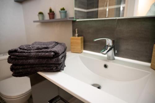 La salle de bains est pourvue d'un lavabo et d'une serviette sur un comptoir. dans l'établissement Studio Pessac Centre Tram & Parking, à Pessac