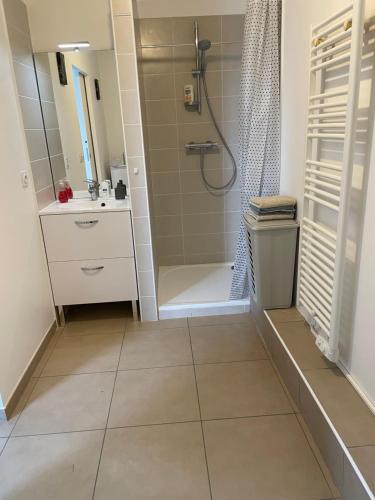 uma casa de banho com chuveiro e piso em azulejo em Charmant T2 avec grande terrasse au calme em Saint-Jean-de-Védas
