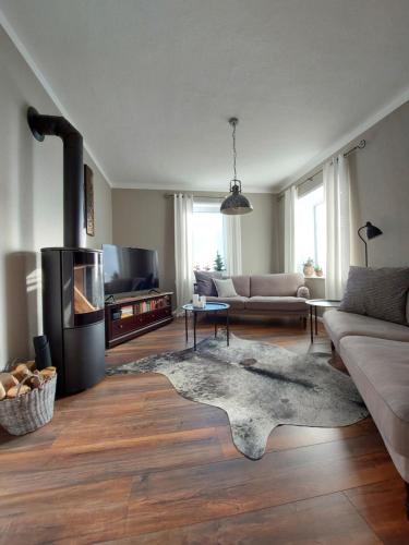 sala de estar con sofá y chimenea en Maries bunte Villa, en Bad Berleburg