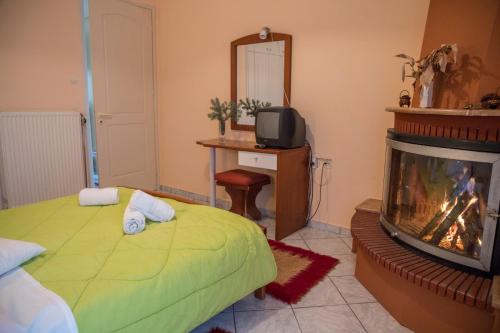 a bedroom with a fireplace and a bed and a television at ΞΕΝΟΔΟΧΕΙΟ ΠΑΠΑΝΑΓΙΩΤΟΥ in Neraïdochóri
