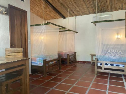 a room with two beds with nets on the walls at Finca Carpe Diem Ecolodge in Minca