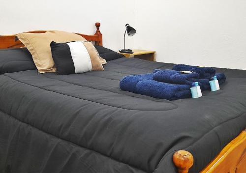 una cama con un animal de peluche azul sobre ella en Departamento en El Calafate para dos personas en El Calafate