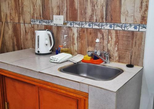 um balcão de cozinha com um lavatório e comodidades para preparar café em Departamento en El Calafate para dos personas em El Calafate