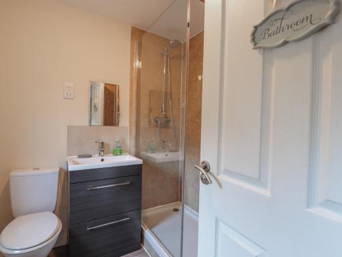 a bathroom with a toilet and a sink and a shower at Lilac Cottage in Strathpeffer