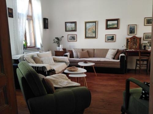 uma sala de estar com dois sofás e duas mesas em Šomin Lagum Vila em Sremski Karlovci