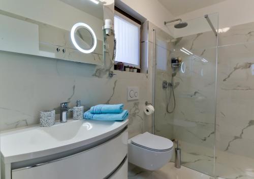 a bathroom with a toilet and a sink and a shower at Apartments Villa Rosi in Umag