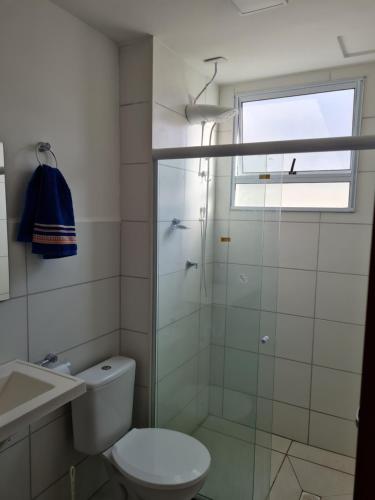 La salle de bains est pourvue de toilettes et d'une douche en verre. dans l'établissement Ao lado do shopping com piscina e ar condicionado., à Caruaru